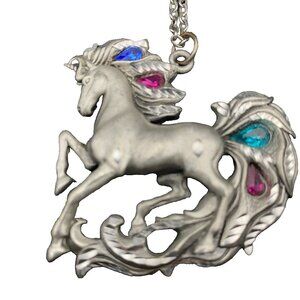 Fable Unicorn Pewter Necklace Pink Turquoise Blue Rhinestone Pendant Signed 18+2